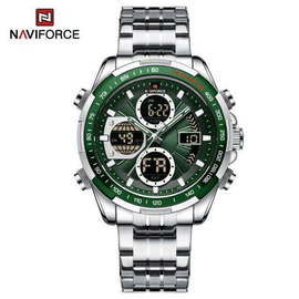 Naviforce NF9197 Silver Stainless Steel Dual Time Watch For Men - Green & Silver