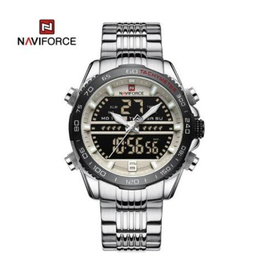Naviforce NF9195 Silver Stainless Steel Dual Time Watch For Men - White & Silver