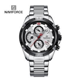 Naviforce NF8021 Silver Stainless Steel Chronograph Watch For Men - White & Silver