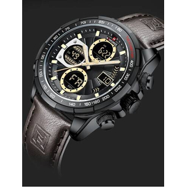 Naviforce NF9197L Chocolate PU Leather Dual Time Watch For Men - Black & Chocolate, 3 image