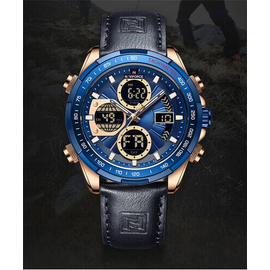 Naviforce NF9197L Navy Blue PU Leather Dual Time Watch For Men - RoseGold & Navy Blue, 10 image