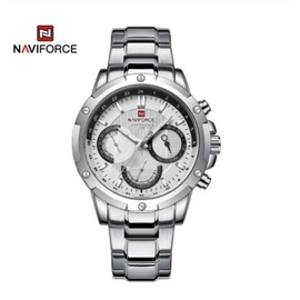 Naviforce NF9196 Silver Stainless Steel Chronograph Watch For Men - White & Silver