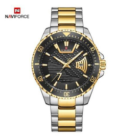 Naviforce NF9191 Silver And Golden Stainless Steel Analog Watch For Men - Black & Golden
