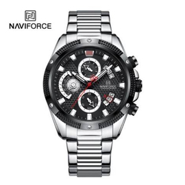 Naviforce NF8021 Silver Stainless Steel Chronograph Watch For Men - Black & Silver