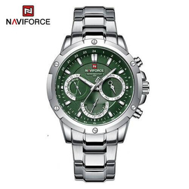 Naviforce NF9196 Silver Stainless Steel Chronograph Watch For Men - Green & Silver