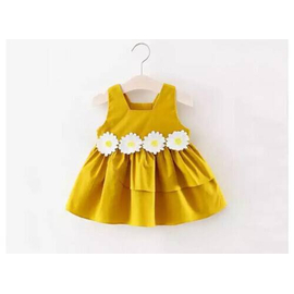 Baby Frock Yellow With White Flower, Baby Dress Size: 0-3 years