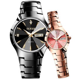 1 Pair OLEVS 8697 Couple Fashion Waterproof Luminous Quartz Watch(Black + Rose Gold)