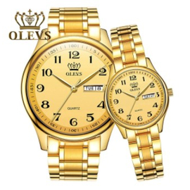 Couple OLEVS 5567 Fashion Stainless Steel Japan Quartz Analog Day Date Watch Full Gold