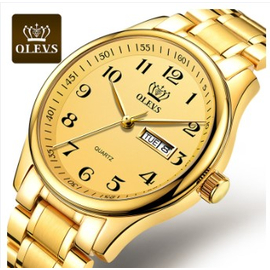 Couple OLEVS 5567 Fashion Stainless Steel Japan Quartz Analog Day Date Watch Full Gold, 3 image