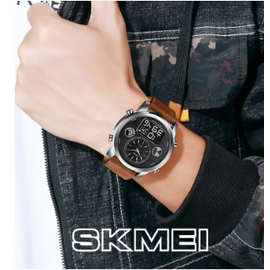 SKMEI 1653 Dark Brown PU Leather Dual Time Watch For Men - Silver & Dark Brown, 3 image