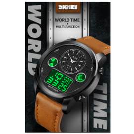 SKMEI 1653 Brown PU Leather Dual Time Watch For Men - Black & Brown, 3 image