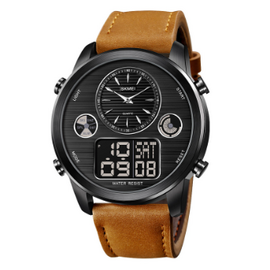 SKMEI 1653 Brown PU Leather Dual Time Watch For Men - Black & Brown