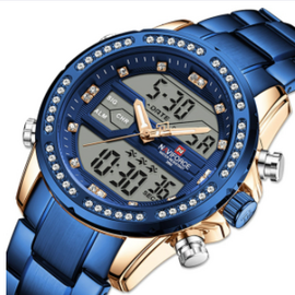 NAVIFORCE NF9190 Royal Blue Stainless Steel Dual Time Watch For Men - RoseGold & Royal Blue, 2 image