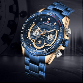 NAVIFORCE NF9185 Royal Blue Stainless Steel Chronograph Watch For Men - RoseGold & Royal Blue, 3 image