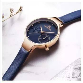 NAVIFORCE NF5001 Navy Blue PU Leather Sub-Dial Chronograph Watch For Women - Navy Blue & RoseGold, 2 image