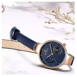 NAVIFORCE NF5001 Navy Blue PU Leather Sub-Dial Chronograph Watch For Women - Navy Blue & RoseGold, 3 image