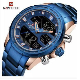 NAVIFORCE NF9138 Blue Stainless Steel Dual Time Wrist Watch For Men - Blue & RoseGold, 2 image