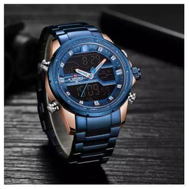 NAVIFORCE NF9138 Blue Stainless Steel Dual Time Wrist Watch For Men - Blue & RoseGold, 6 image