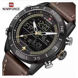 NAVIFORCE NF9144 Dark Brown PU Leather Dual Time Wrist Watch For Men - Dark Brown & Black