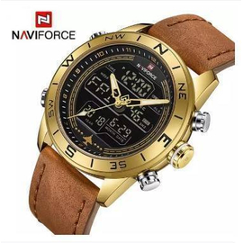 NAVIFORCE NF9144 Brown PU Leather Dual Time Wrist Watch For Men - Brown & Golden, 2 image