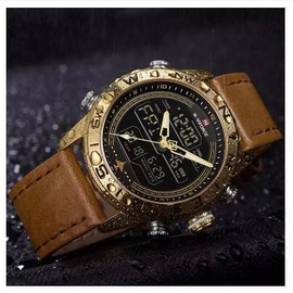 NAVIFORCE NF9144 Brown PU Leather Dual Time Wrist Watch For Men - Brown & Golden, 5 image