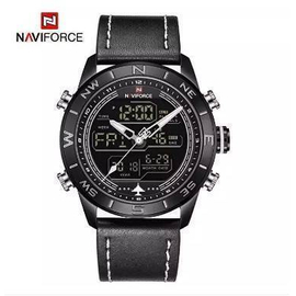 NAVIFORCE NF9144 Black PU Leather Dual Time Wrist Watch For Men - Black & White, 2 image