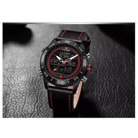 NAVIFORCE NF9144 Black PU Leather Dual Time Wrist Watch For Men - Black & Red, 5 image