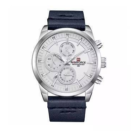 NAVIFORCE NF9148 Navy Blue PU Leather Chronograph Watch For Men - Silver & Navy Blue