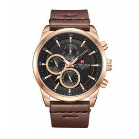 NAVIFORCE NF9148 Dark Brown PU Leather Chronograph Watch For Men - RoseGold & Dark Brown