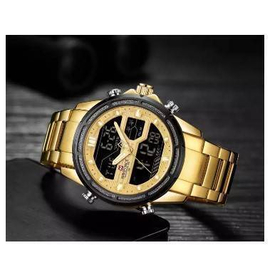 NAVIFORCE NF9138 Golden Stainless Steel Dual Time Wrist Watch For Men - Golden & Black, 3 image