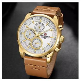 NAVIFORCE NF9148 Brown PU Leather Chronograph Watch For Men - Golden & Brown, 2 image