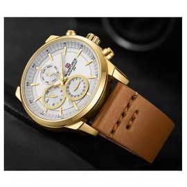 NAVIFORCE NF9148 Brown PU Leather Chronograph Watch For Men - Golden & Brown, 3 image