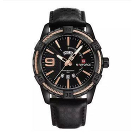 Naviforce NF9117 - Black PU Leather Analog Watch for Men - RoseGold & Black