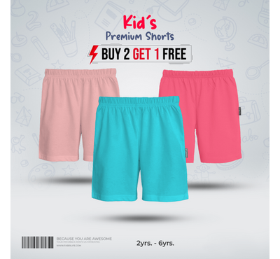 Fabrilife Kids Premium Shorts Comboo-Light Pink, Deep Pink, Sky Blue