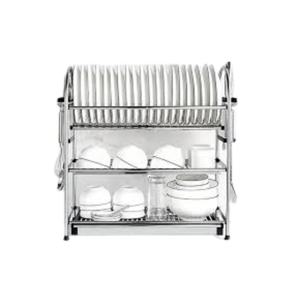 Stainless Steel Plate/Bowl Organizer (3-Racks) with Water Drain-Trays